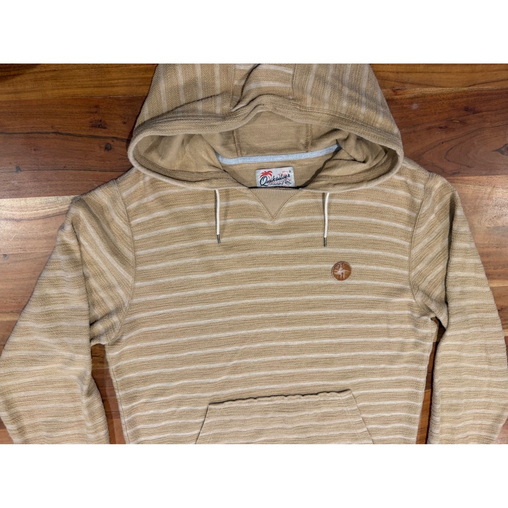 Quiksilver Mens XL Tan Striped Pullover Hoodie Lightweight Surf Knit Sweatshirt